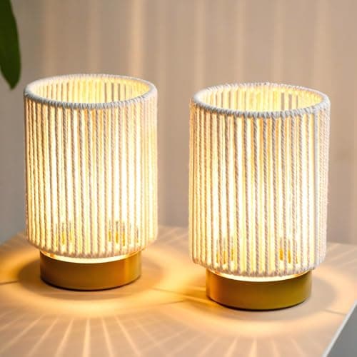 JHY DESIGN Set de 2 lámparas de mesa de cuerda de algodón trenzada, 17 cm de altura, lámpara a batería con temporizador de 6 horas, ideal para salón, dormitorio, bodas, fiestas