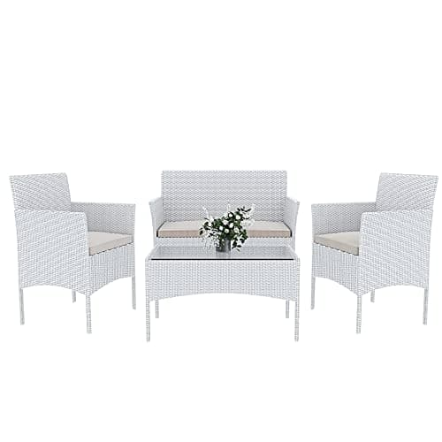 Arreditaly Set Di Mobili da Giardino Salotto Salottino in Rattan 4 Posti con Tavolino E Ripiano In Vetro 2 Poltrone e Divano 2 Posti Per Giardino Esterno Piscina Cuscini Sfoderabili (Bianco)