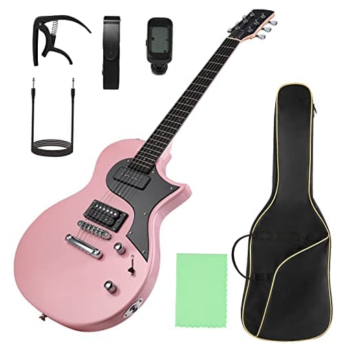 Electric Guitar Beginner Guitar 40.2 Inch Solid Poplar Body Maple Neck Laurel Fingerboard HH Pickups Les Paul Style with Gig Bag Tuner (Color Options) (Pink)