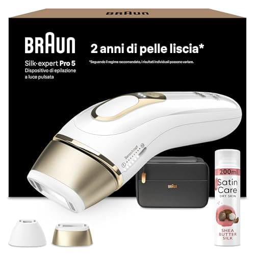 Braun Silk·expert Pro 5 Epilatore Luce Pulsata, Epilazione A Casa, Alternativa All’Epilazione Laser, Con Custodia, 2 Testine, Idea Regalo, Bianco/Oro, PL5140 e Satin Care Gel Per Depilazione Karite