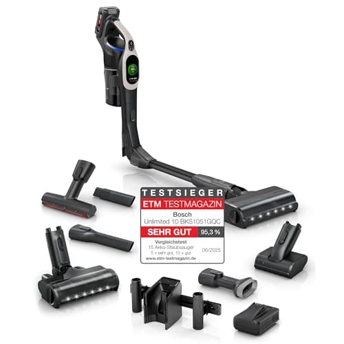 Bosch Unlimited 10 BKS1051GQC Cordless Vacuum Cleaner, MicroClean Technology, TFT Display, Dust Compression, HEPA Filter System, 10 J. Motor Warranty, 4 Ah Battery, LED Light, Quick Charger, Grey