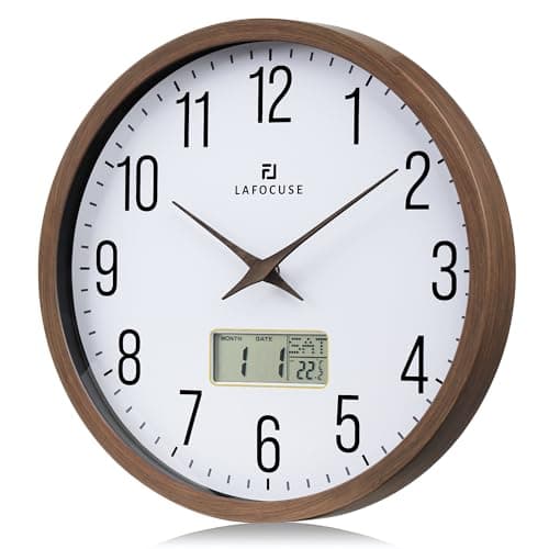 Lafocuse Reloj de Pared Calendario con Fecha y Termometro LCD, Silencioso Reloj Marrón Vintage, Fácil de Leer sin Tictac para Cocina Oficina Dormitorio Salon 30cm