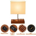 Dreamholder Tischlampe mit 3 USB A+C Anschlüssen, 3 Telefonständer, Moderne USB Nachttischlampe für Schlafzimmer, Wohnzimmer, Büro, Nachttischlampe mit Walnussholzsockel & Stoffschirm - 3