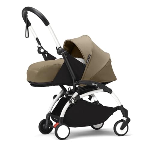 Stokke YOYO3 Stroller with Newborn Pack (Toffee) - Includes Frame (White), Mattress, Five-Point Harness, Extendable Canopy, Padded Shoulder Strap & Protective Storage Bag