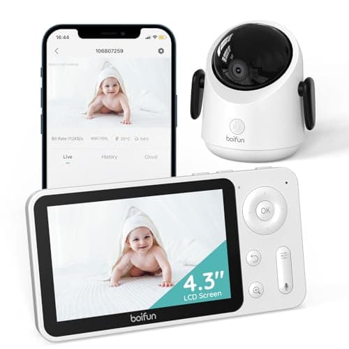 Boifun Wifi Baby Monitor, Phone App & 4.3'' Screen Control, No-glow Night Vision, Sound Motion Smart Detection, 360° Camera, Smartphone, PTZ,Auto-tracking,17-H Battery Life,Humidity Temperature Detect