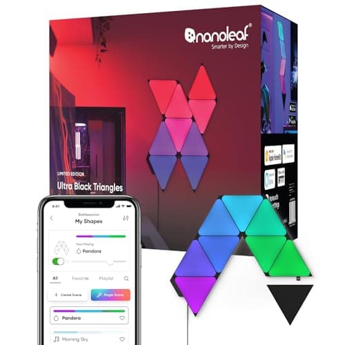 Nanoleaf Shapes Ultra Black Triangle Starter Kit, 9 Smarten Dreieckigen LED Panels RGBW - Modulare WLAN 16 Mio Farben Wandleuchte, Musik & Bildschirm Sync, Funktioniert mit Alexa Google Apple