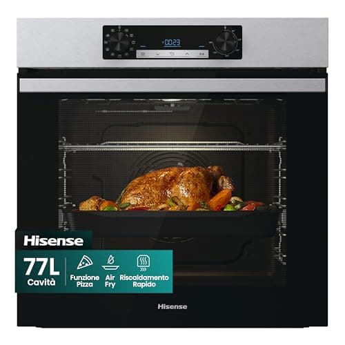 Hisense BI62216AX - Forno da Incasso Multifunzione 77 L, Termoventilato, 11 Funzioni di Cottura, Pizza 300°C, Preriscaldamento Rapido, Pulizia Steam Clean, Guide Telescopiche, Display LED Touch – Inox
