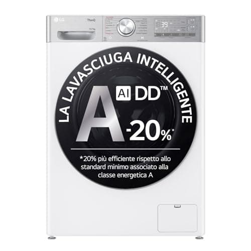 LG AI DD D4R9513TPWC Lavasciuga 13/7kg, Serie R9, Classe D, Lavatrice Asciugatrice, 1400 Giri, TurboWash 360, Vapore Steam+ e Antipiega, Autodosaggio, Wi-Fi, Bianca
