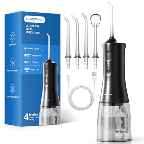 Operan Munddusche Kabellos, Tragbar Elektrische Zahndusche 4 Modi & 4 Düsen, 300ML Oral Irrigator Munddusche Testsieger für Entfernt Speisereste und Reinigt Die Zähne (Gloss Black, 1Pack)