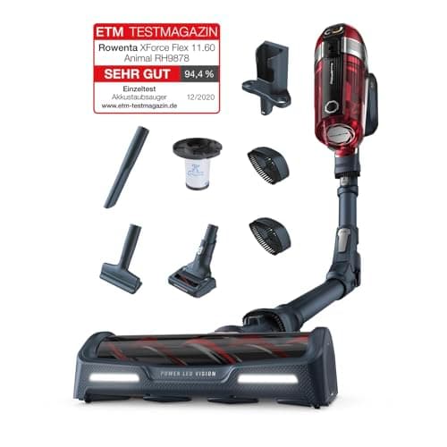 Rowenta X-FORCE FLEX 11.60 Animal RH9878 Battery and Handheld Vacuum Cleaner High Suction Power 45 Minute Running Time Smart Colour Display LED Nozzle Flex Joint 99.9% Air Filtering Wireless, Black/Red