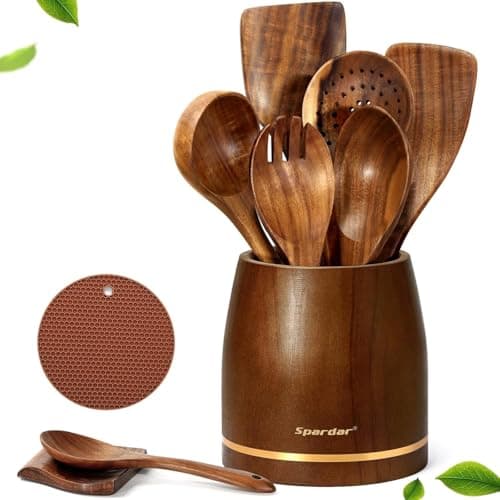 Spardar Wooden Cooking Cutlery, 9-Piece Teak Wooden Spoon Set with 6 Wooden Cooking Spoons, Spoon Rest, 4.2 Inch Utensil Holder and Pot Holder for Kitchen Decoration and Housewarming Gift