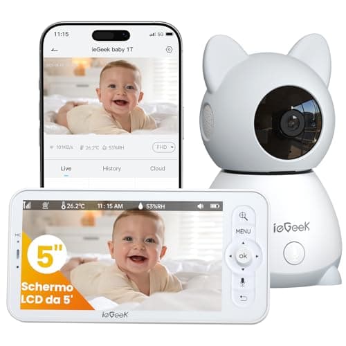 ieGeek Baby monitor con Audio e Video 2K, Telecamera Wi-Fi per Bambini con Visione Notturna, Display LCD da 5 Pollici, PTZ 355°, Comunicazione Bidirezionale, Rilevamento Pianto/Movimento, App Mobile