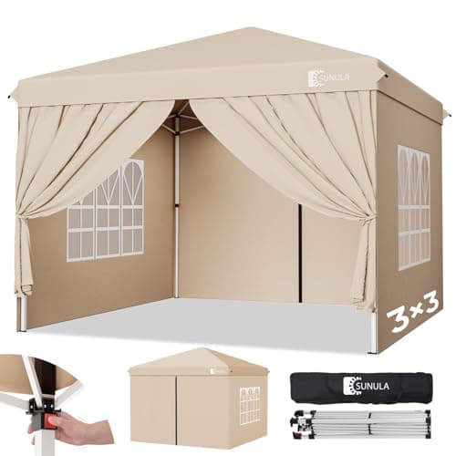 Sunula Pavillon 3x3 Wasserdicht Stabil Winterfest mit 4 Seitenwänden, Faltpavillon 3x3m mit Verdickten Röhren, Partyzelt Gartenpavillon Faltzelt für Camping Festival Party (Khaki, Mit Seitenwänden)