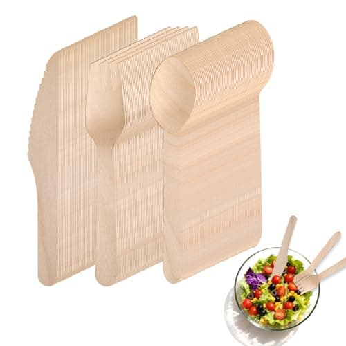 150 Piece Wooden Cutlery Set - 50 Forks, 50 Knives, 50 Spoons - Sustainable Cutlery Set, Environmentally Friendly Cutlery Set as an Alternative to Disposable Tableware, Ideal as Camping Cutlery