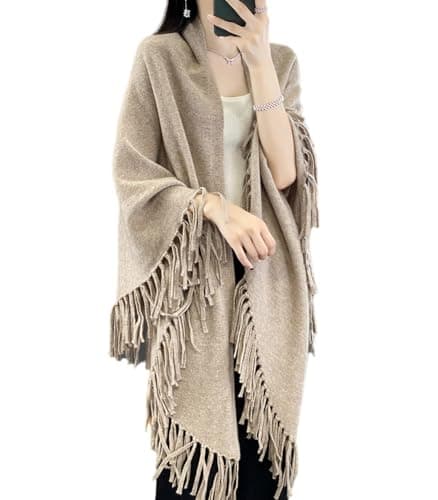 Ailaile Chal 100 % de lana merina, Ropa de Señora, para mujer, con borlas, para otoño e invierno, holgado, abierto, Camello, Talla única
