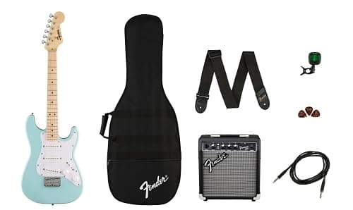 Fender FSR Squier Electric Mini Stratocaster Electric Guitar Pack, Daphne Blue, Ideal For Guitar Beginners. Includes Amp, Cable, Strap, Picks and Clip-On Tuner.