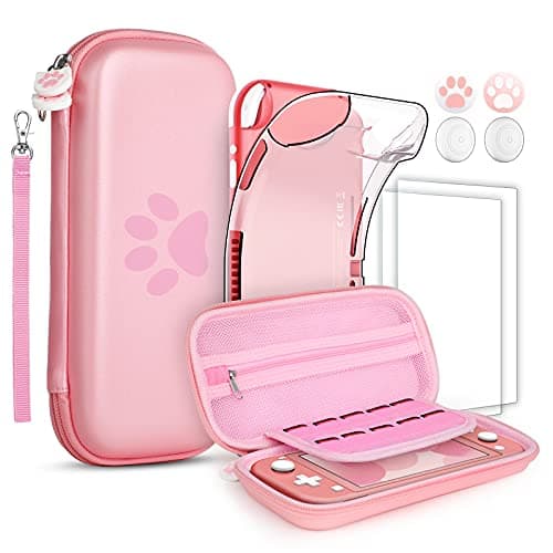 GeeRic Funda compatible para Switch Lite, Accesorio 8 piezas silicona funda y 2 pieces Protector de Pantalla compatible para switch lite,4 tapas de pulgar y agarre de almacenamiento(Pata de gato Rosa)