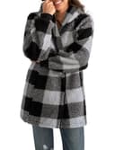 ABINGOO Damen Teddy Fleece Mantel Kariert Warm Winterjacke Kapuzenjacke Flauschig Plüschjacke Reißverschluss Sweatshirt mit Kapuze und Taschen(Schwarz,L) - 2