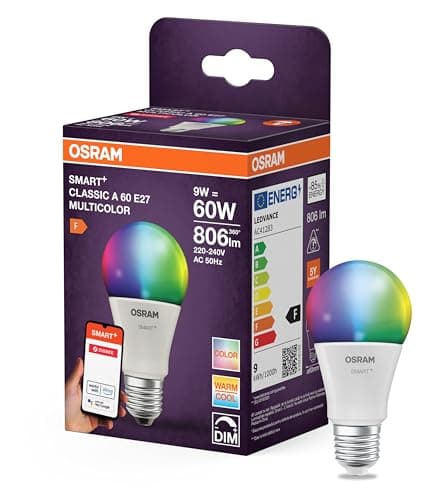 Osram SMART LED Lampe A60 Kolbenform E27, 9W ZigBee 3.0, RGBW 16 Mio. Farben, dimmbar, App Steuerung, Alexa