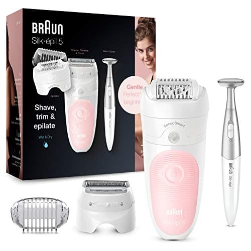Braun Silk-épil 5, Depilatore Donna, Epilatore Elettrico Donna con Testina Radente e Cappuccio Massaggiante, Con Bikini Styler Incluso, Uso a Secco o Sotto Acqua, Idea Regalo, SE5-820 Bianco e Rosa