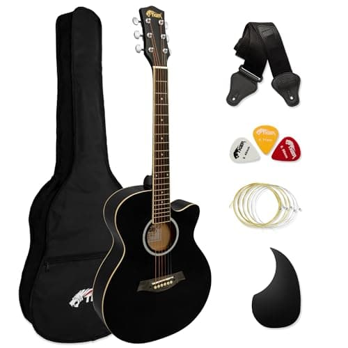 TIGER Chitarra acustica 3/4 con corpo piccolo con corde in acciaio per bambini dai 9 anni in su con borsa, tracolla, corde di ricambio e plettri - Nero