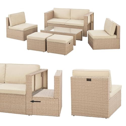 Juskys set di mobili da giardino Salou in polyrattan - Salotto resistente alle intemperie per 6 persone - Con tavolo e cuscini - Per ambienti esterni come giardino, balcone, terrazza - Crema/sabbia