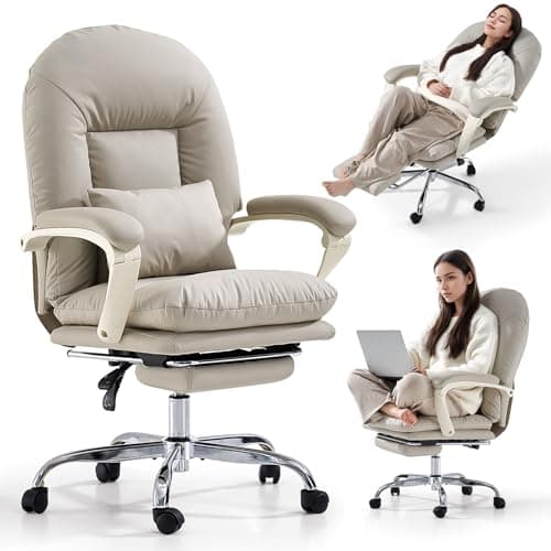 EMIAH Silla de Oficina Ergonómica con Reposapiés, Silla de Escritorio Ejecutiva Reclinable, Sillón de Cuero PU, Modernas Cómoda Silla de Ordenador Tocador con Ruedas, Bonita Silla para el Hogar, Beige
