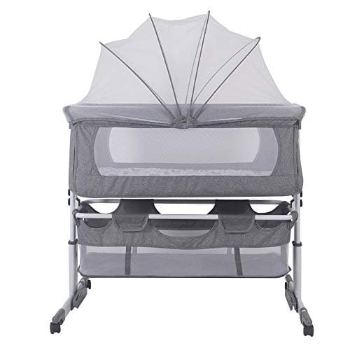 Willonin Culla Co-sleeping con materasso e zanzariera 2 in 1 Lettino Co-sleeping per neonati da 1 a 36 mesi (92 * 58 * 70-87cm, Grigio)
