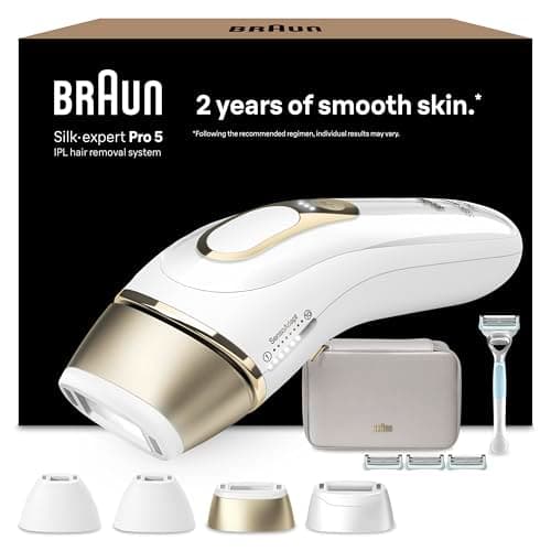 Braun Luz Pulsada Silk-expert Pro 5, Alternativa a Depiladora Laser, Eliminación Del Vello En Casa, Depiladora IPL Con Funda, Maquinilla Venus, 4 Cabezales Para Cara y Cuerpo, Blanca/Dorada, PL5358
