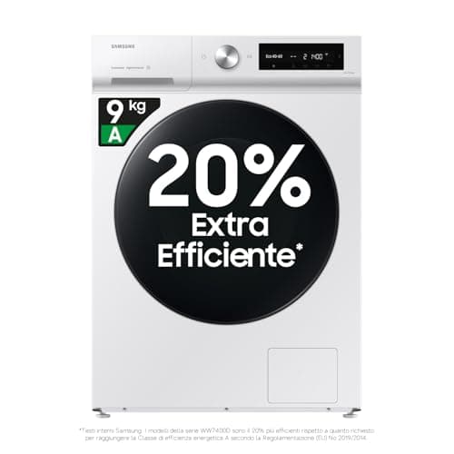 Samsung Lavatrice Bespoke AI WW90DB7U34GW/U3, Libera Installazione, 9 Kg, 1400 RPM, Wifi, AI Control, Ecolavaggio Rapido 39', Vapore, Carica Frontale, 60l x 85h x 60p cm