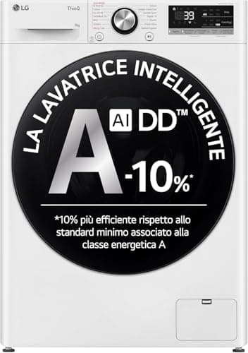 LG AI DD F4R7009TSWB Lavatrice 9 kg Classe A -10%, 1400 Giri, Carica Frontale con Oblò in Vetro Temperato, Funzione TurboWash 360, Vapore su 7 Programmi, Wi-Fi, Libera installazione, Serie R7, Bianca