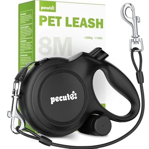 Pecute Guinzaglio per Cani Allungabile 8 metri con Corda Anti-morso da 46 cm, Guinzagli Retrattili con Sacchetti Igienici e Porta Sacchetti|Per Passeggiate/Addestramento/Pioggia, fino a 15-50 kg, Nero