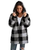 ABINGOO Damen Teddy Fleece Mantel Kariert Warm Winterjacke Kapuzenjacke Flauschig Plüschjacke Reißverschluss Sweatshirt mit Kapuze und Taschen(Schwarz,L) - 3