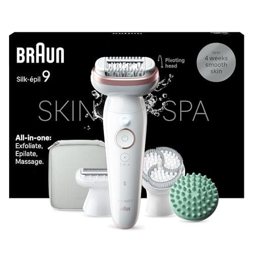 Braun Silk-épil 9 SkinSpa All-in-One Set, Epilierer Damen / Haarentferner für langanhaltende Haarentfernung, Ladyshaverer, Rasieraufsatz, Massageaufsatz, 9-080, Weiß/Rosa