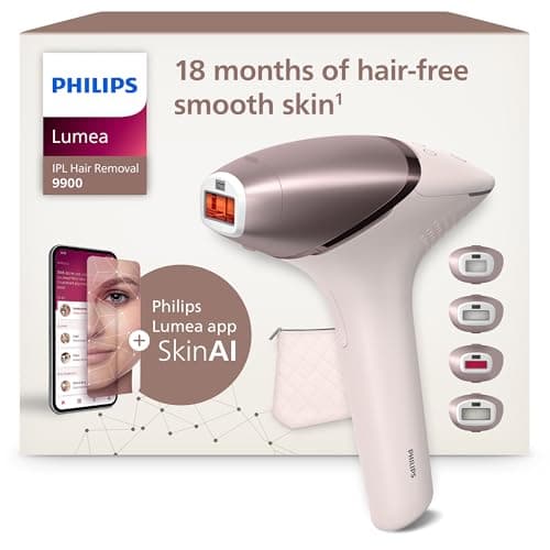 Philips Lumea Series 9900, dispositivo di epilazione IPL con tecnologie SenseIQ e SkinAI, 4 accessori per viso, corpo, ascelle e zona bikini, con filo e senza filo, modello BRI951/00