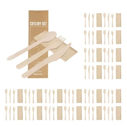 Pack 250 Sets de Cubiertos Desechables Ecológicos de Madera | Cuchara Tenedor Cuchillo y Servilleta | Cubiertos Take Away para Hostelería y Eventos