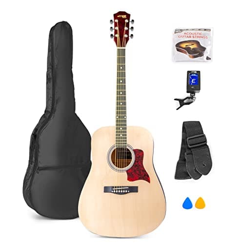 MAX SoloJam Guitarra Acústica Madera Natural – Set de Iniciación con Funda, Afinador, Correa, Púas y Cuerdas de Repuesto de Acero. Todo lo necesario para empezar a tocar desde cero fácilmente