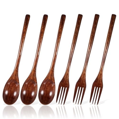 LIQWEI Set of 6 Wooden Cutlery Set, Wooden Spoon, Fork Set, Wooden Spoon, Wooden Forks, Long Handle, Japanese Style Cutlery Sets for Camping, Outdoor, Kitchen, Cooking, Dinner Tableware