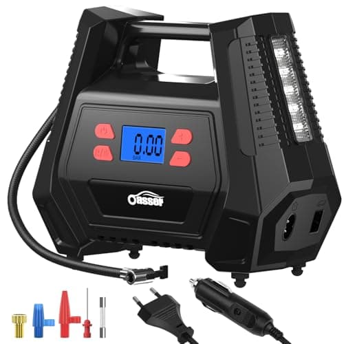 Oasser Inflador Ruedas Coche DC 12V y AC 220V Compresor Aire portatil con Pantalla LCD Luz LED Cable de 3M 150PSI para Coches, Motos y Bicicletas