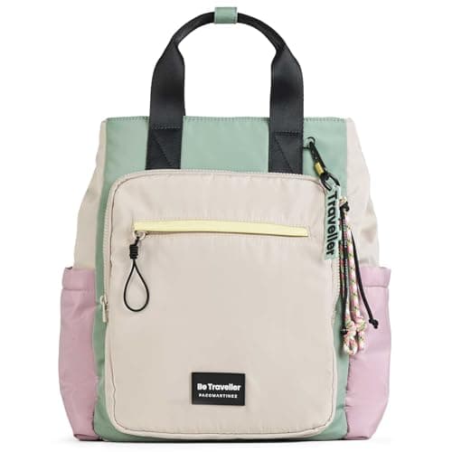 PACO MARTINEZ Mochila Traveller Multicolor para Mujer, Bolso Mochila para Portátil 13", Tamaño Grande, Asas Dobles, Color Gris, Malva, Verde Menta y Amarillo - 37x42x22 Centímetros