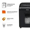 Sicherheitsstufe P5 Aktenvernichter: Fellowes Microcut (2000+ Partikel/A4), 10 Blatt, Powershred 10M, Büro/Homeoffice, 19L Papierkorb, Sicherheitssperre, schwarz - 2