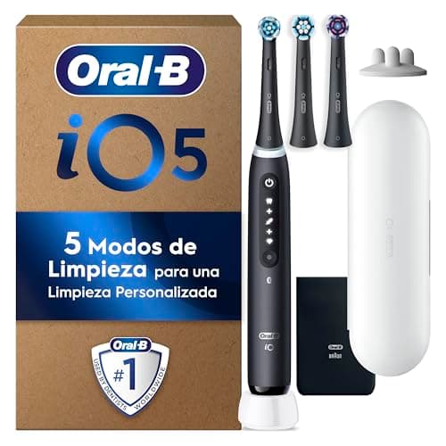 Oral-B iO 5 Cepillo de Dientes Eléctrico Negro Con 3 Cabezales y 1 Estuche de Viaje Blanco, 5 Modos De Cepillado Con Blanqueamiento Dental y Modo Sensible, Sensor De Presión, Diseñado por Braun