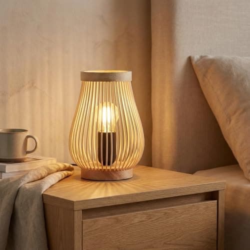 BARCELONA LED Lampada da Tavolo in Legno Naturale con Paralume in Bambù e Rattan, Base in Legno Massello, Stile Vintage e Moderno, Luce Calda E27, Design Japandi Minimalista per Camera e Soggiorno