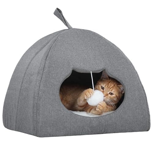 PawHut Cat Cave Bed for Indoor Kittens, Cat House with Removable Cushion and Teaser Ball, Kitty Igloo with Anti-Slip Base, 42 x 42 x 39 cm, Grey
