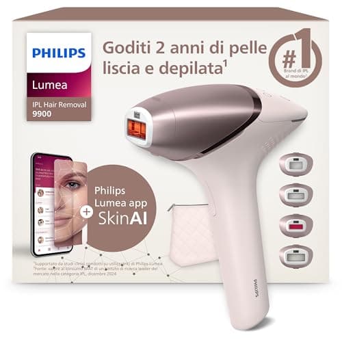 Philips Lumea Series 9900, dispositivo di epilazione IPL con tecnologie SenseIQ e SkinAI, 4 accessori per viso, corpo, ascelle e zona bikini, con filo e senza filo, modello BRI951/00