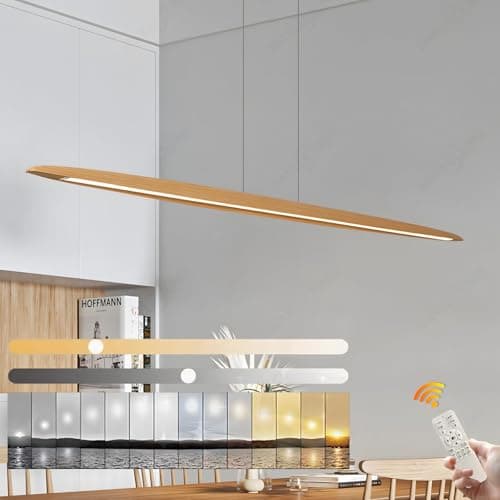 YYUTLUO LED Wood Pendant Light Dining Table Pendant Light, Dimmable with Remote Control Pendant Lamp, Height Adjustable, Modern Linear Design Living Room Lamp Hanging for Office Dining Room (130cm)