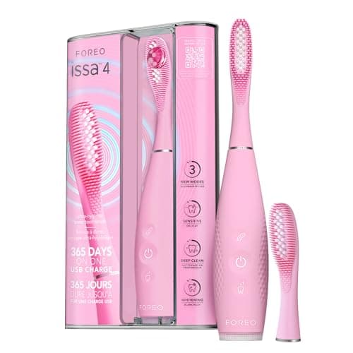 FOREO issa 4 Spazzolino elettrico sonico 4-in-1 ricaricabile con testina extra per 12 mesi, setole morbide, testine sostituibili, pulizia denti, sbiancante denti, pulizia ultra-igienica