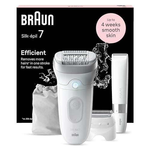 Braun Silk-épil 7, Epilierer Damen, Haarentferner für langanhaltende Haarentfernung, Mini-Rasierer für den Körper, Ladyshaver, Rasieraufsatz und Trimmeraufsatz, 7-441, Weiß und Silber
