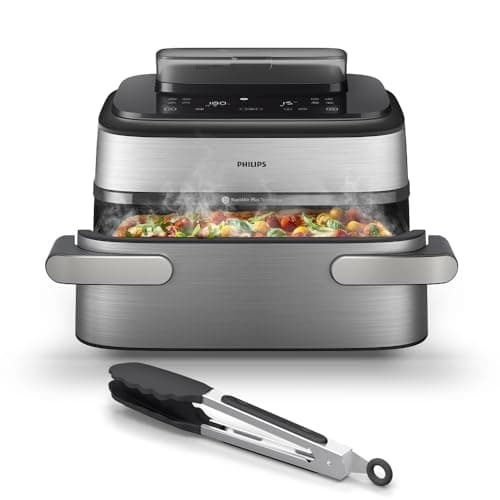 Philips Airfryer 5000 Series Megabasket with Steam - Unique Steamfry, Steam & Airfry - 28 Ways to Cook; 9,5L in Megabasket or 3L + 6L Dual Basket, RapidAir Plus Technology, Auto SteamClean (NA565/92)