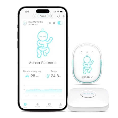 Sense-U Pro Baby-Bewegungsmonitor (große Reichweite): Erfasst Bewegung, Umdrehen & Temperatur überall, mit Vibrationswecker, akustischen Alarmen & Schlaferfassung